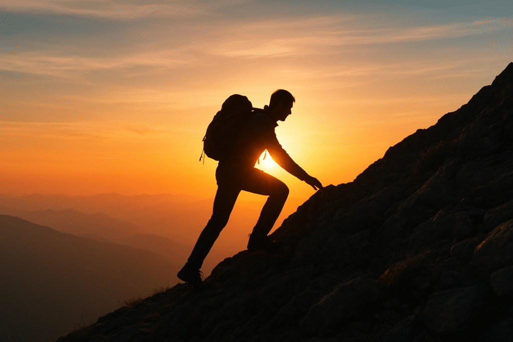 Man climbing mountain at sunrise representing perseverance